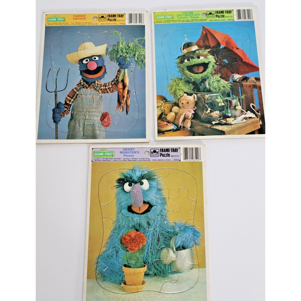 Vintage 1983 GOLDEN Sesame Street Oscar Herry Grover 3 Frame Tray Puzzle Lot